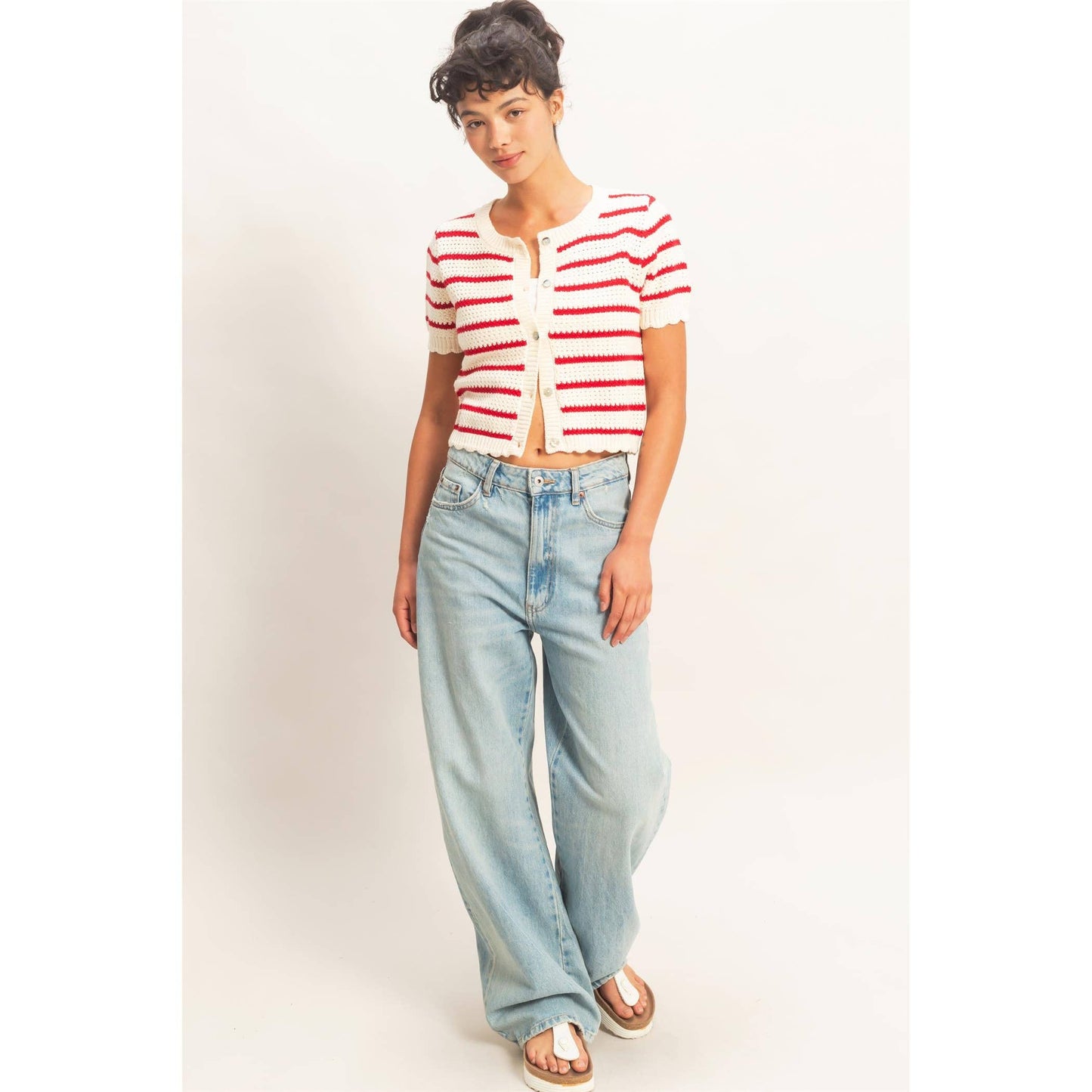 Striped Short Sleeve Cardigan With Scallop Edge