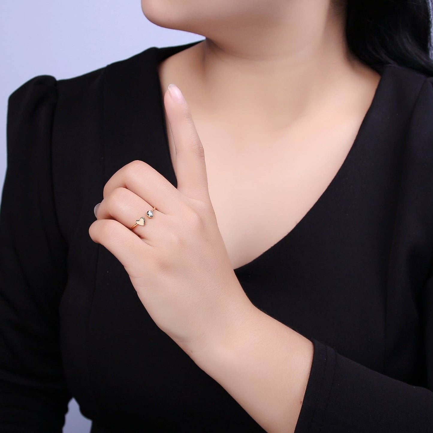 Minimalist Crystal Zirconia CZ, 16K Gold Filled Geometric Heart Open Adjustable Ring U346