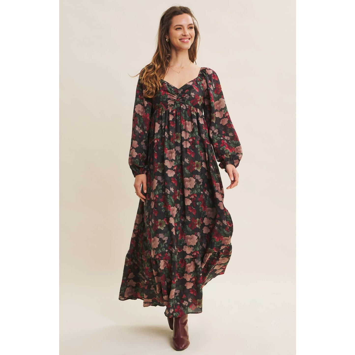 LOVE LETTER TO AUTUMN FLORAL CRINKLED MAXI SMOCKED DRESS
