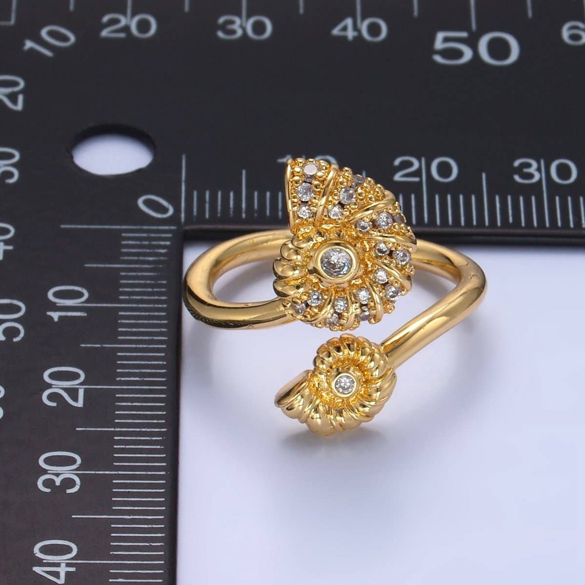 24K Gold Filled Micro Paved CZ Clam Shell Pearl Wrap Ring | U423