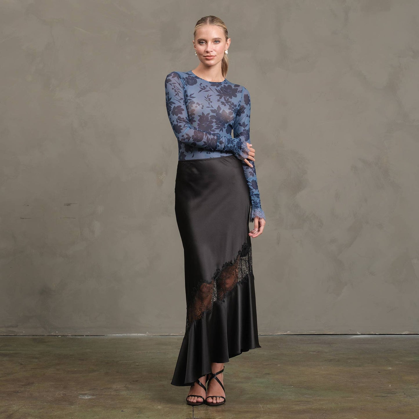 Satin Bias Lace Panel Skirt - RS1005