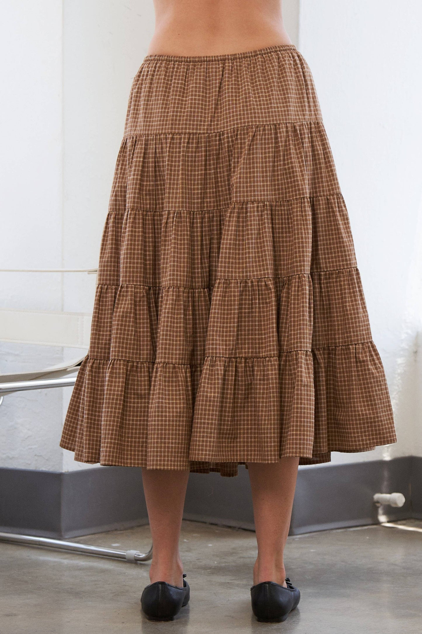 Caramel Gingham Elastic Waistband Skirt