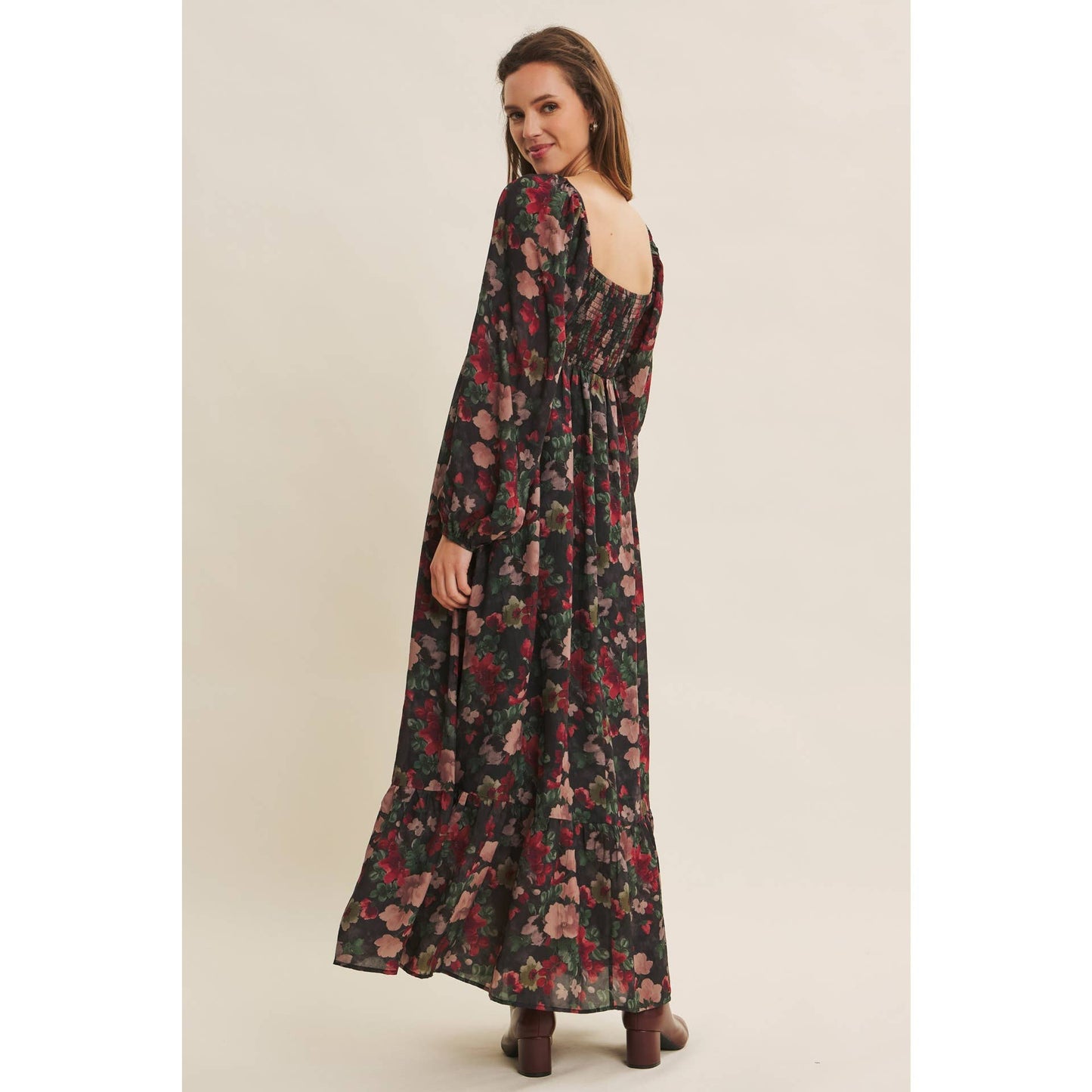LOVE LETTER TO AUTUMN FLORAL CRINKLED MAXI SMOCKED DRESS