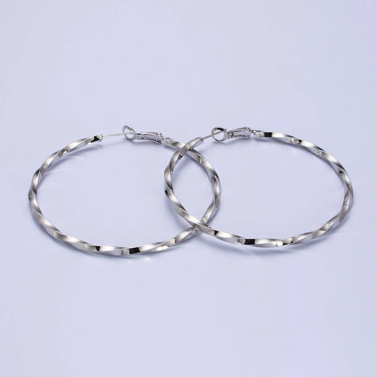 60mm, 50mm Gold Filled Twist Geometric Hoop Hinge Latch Earrings in Gold & Silver | AB499 - AB502