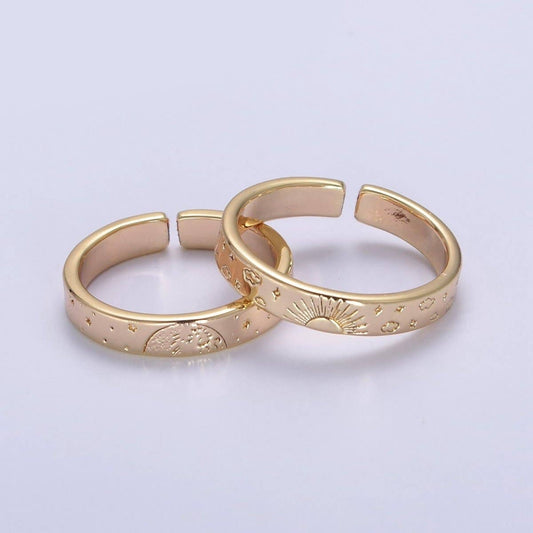 Gold Celestial Astronomy RING SET, Engraved Sun & Moon & Stars Gold Band Rings, 16K Gold Filled Adjustable Rings U-442