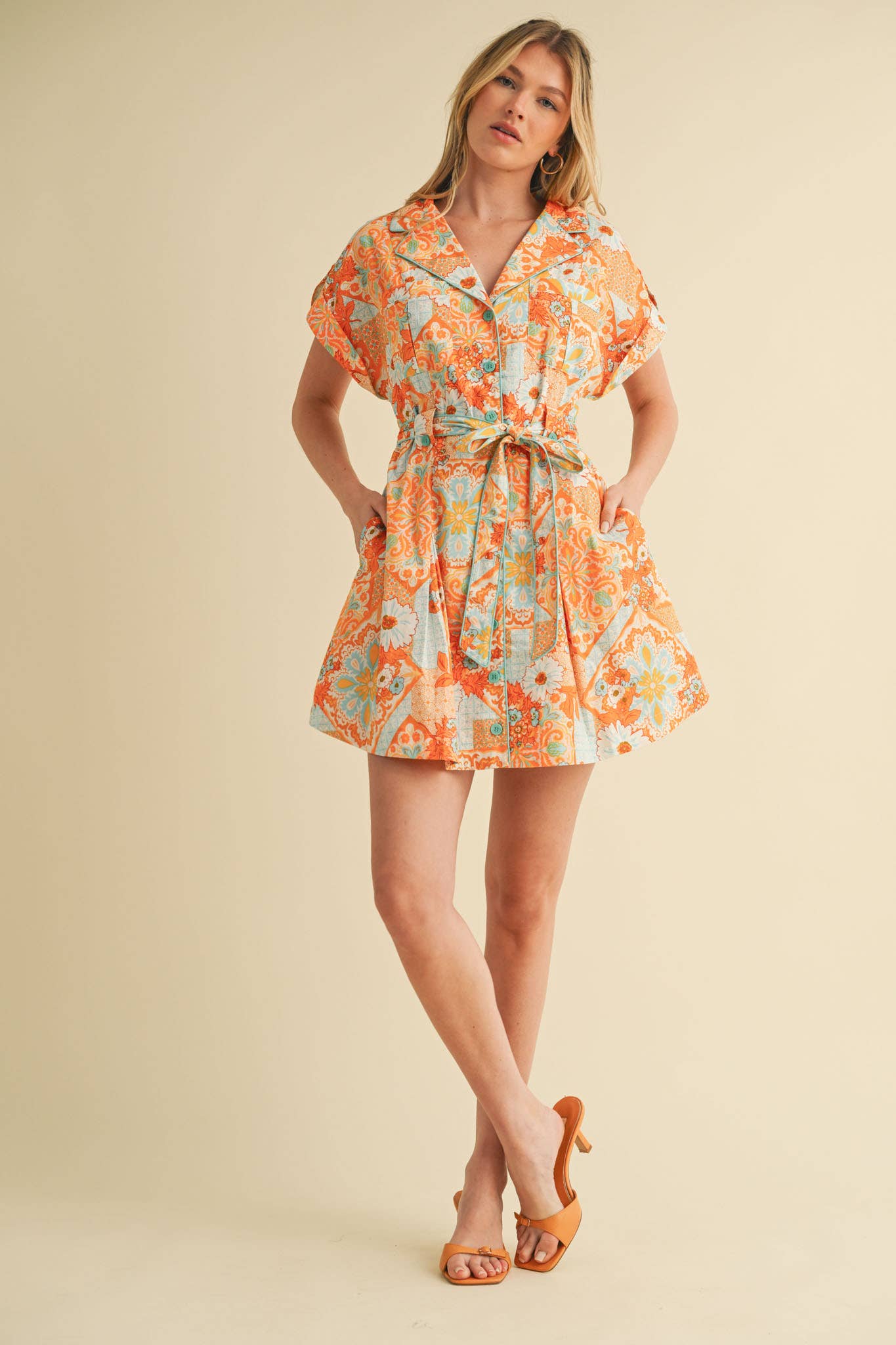 EXCLUSIVE PRINT BUTTON DOWN SHORT SLEEVE MINI DRESS MDR4044
