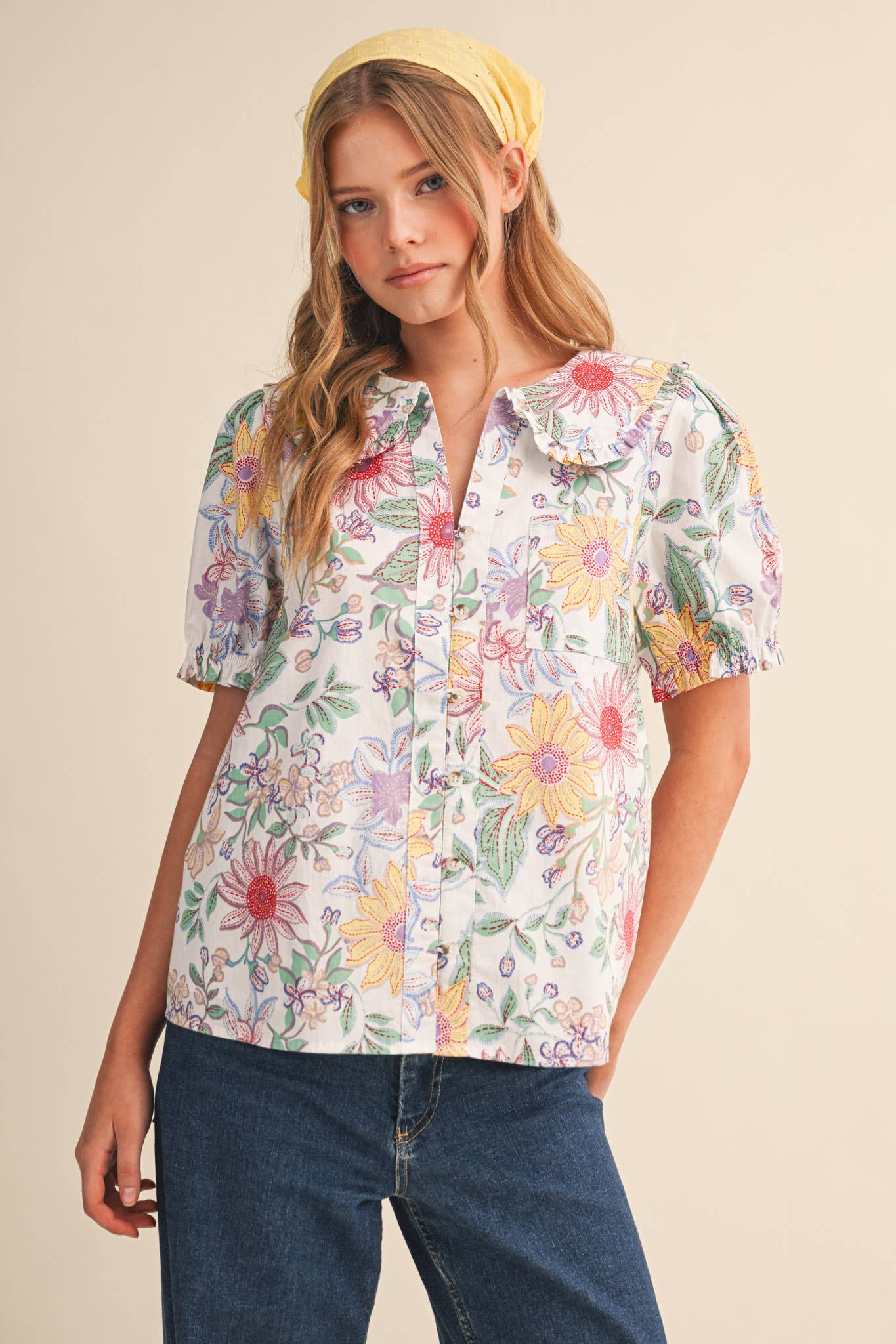 EXCLUSIVE FLORAL PRINT DOLL COLLAR BUTTON DOWN TOP MTP4672