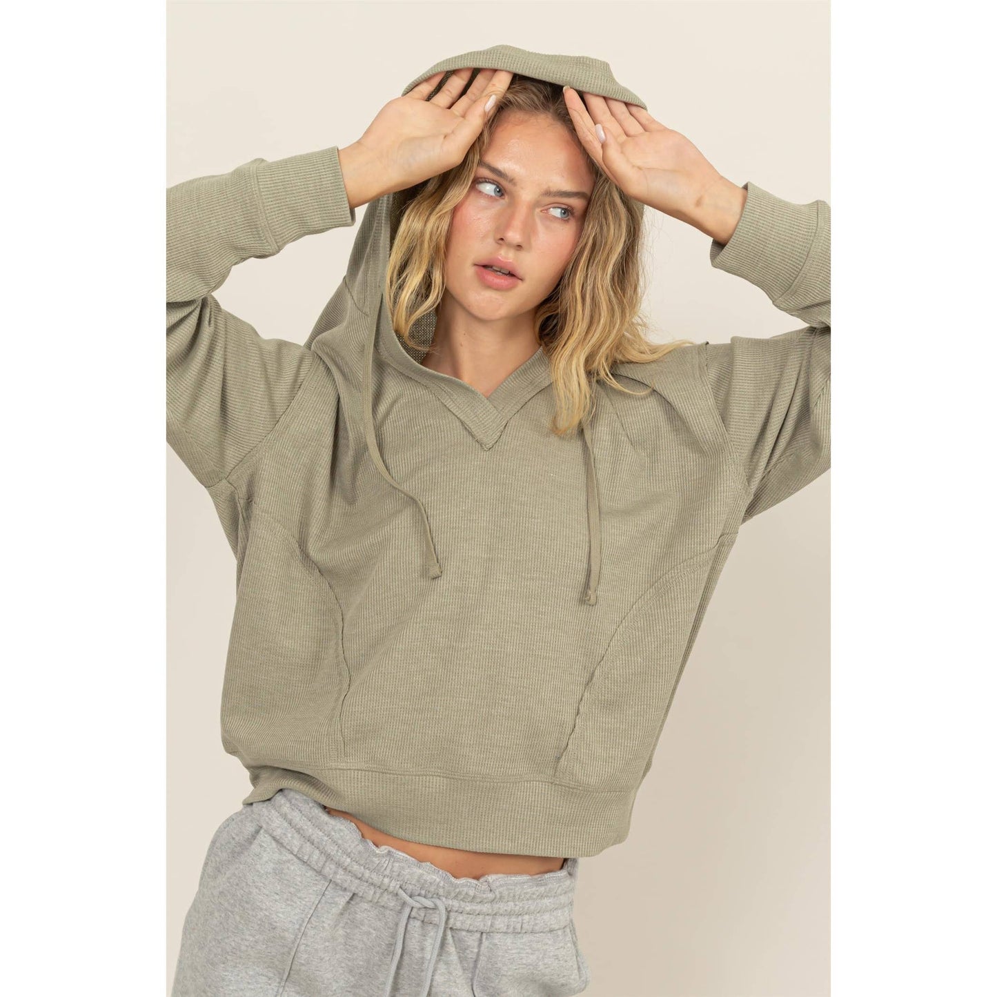 Relaxed Fit Notch Neck Ribbed Hoodie