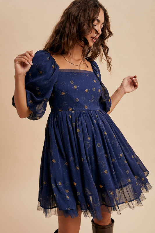 CELESTIAL PUFF SLEEVE MINI DRESS