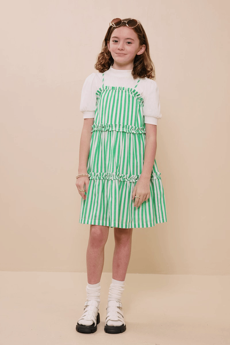 Girls Ruffle Trimmed Poplin Stripe Dress