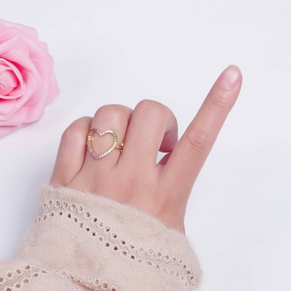 Micro Pave Clear Fuchsia Green Cubic Zirconia Heart Adjustable Gold Ring | O-479