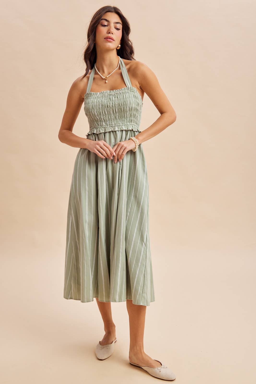 SMOCKED HALTER MIDI DRESS