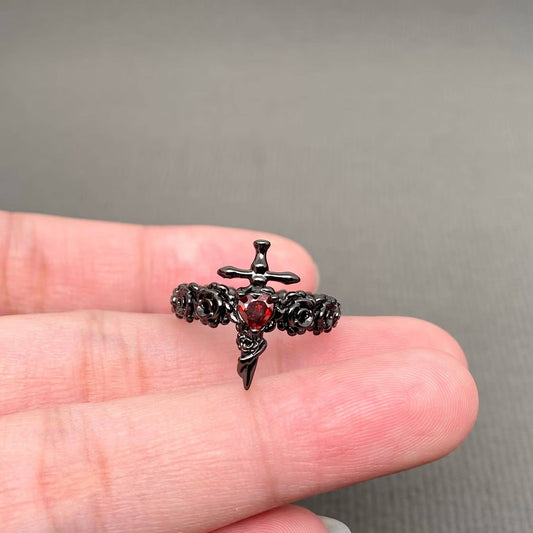 Gothic Black Rose Sword Adjustable Ring