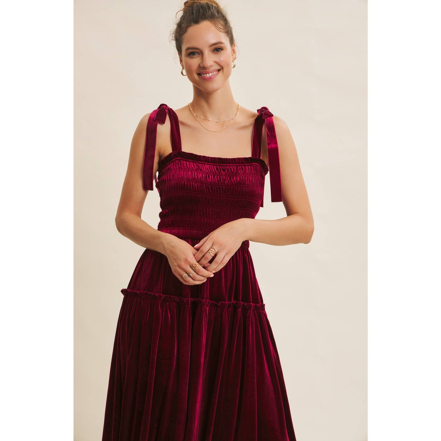 HOLIDAY CLASSIC VELVET SMOCKED MIDI DRESS WITH POCKETS