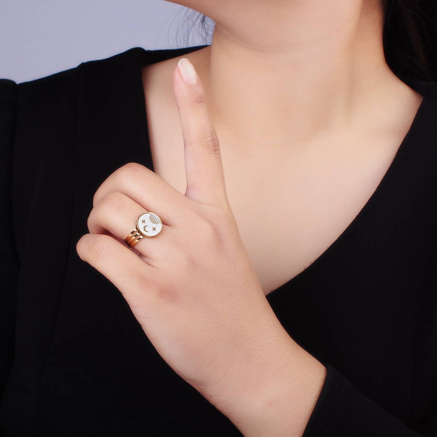 Stainless Steel White Celestial Sun Moon Stars Round Ring