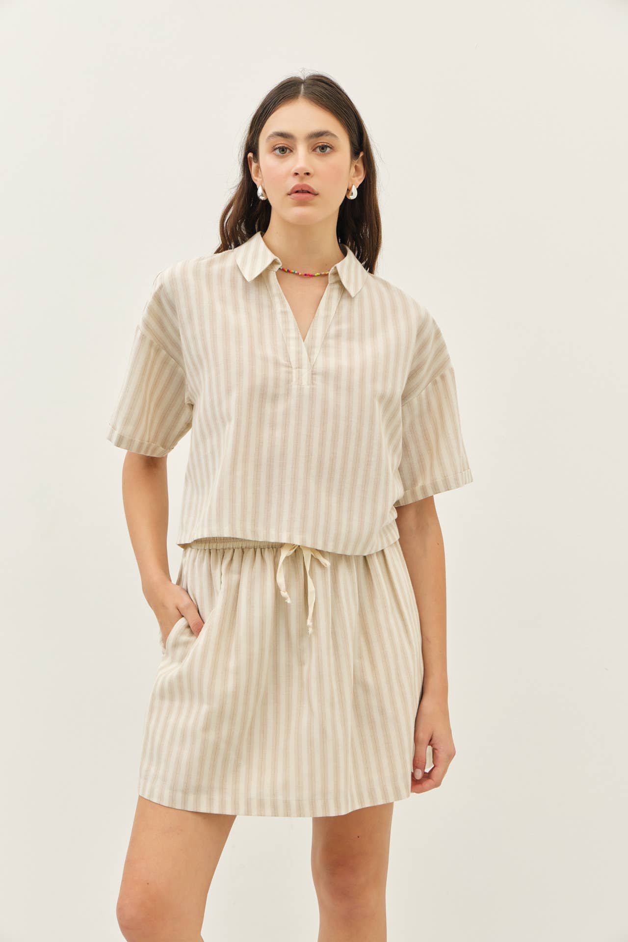 STRIPE MINI SKIRT WITH ELASTIC BAND AND POCKETS