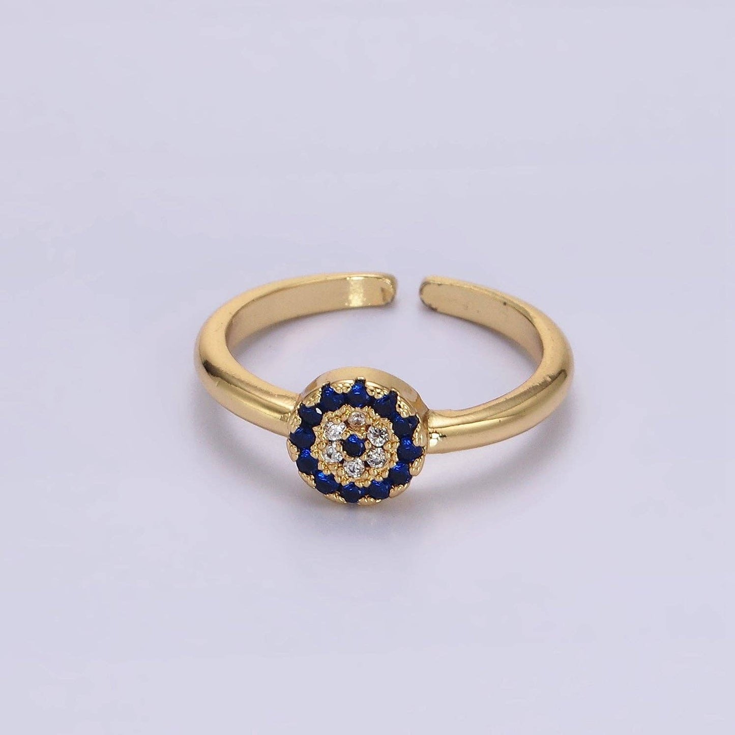 16K Gold Filled Blue Micro Paved CZ Round Evil Eye Ring | O1052