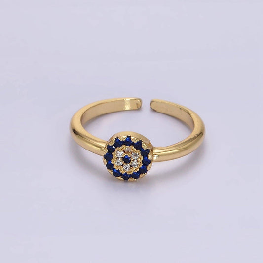 16K Gold Filled Blue Micro Paved CZ Round Evil Eye Ring | O1052