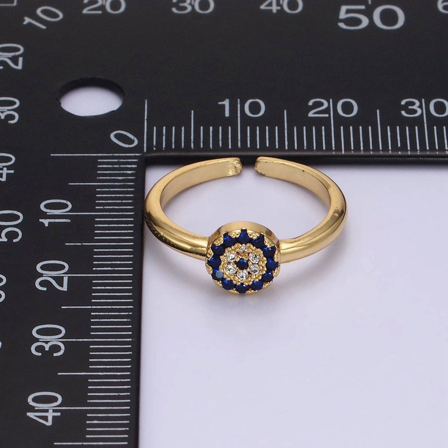 16K Gold Filled Blue Micro Paved CZ Round Evil Eye Ring | O1052