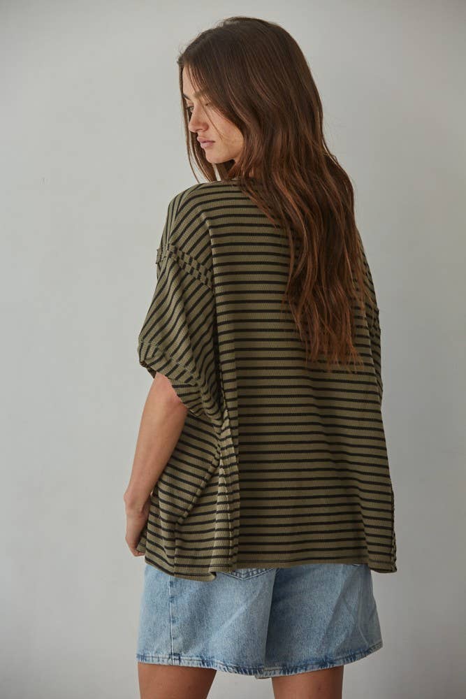 RJ3530 | Knit Cotton Polyester Striped Short Sleeve Top