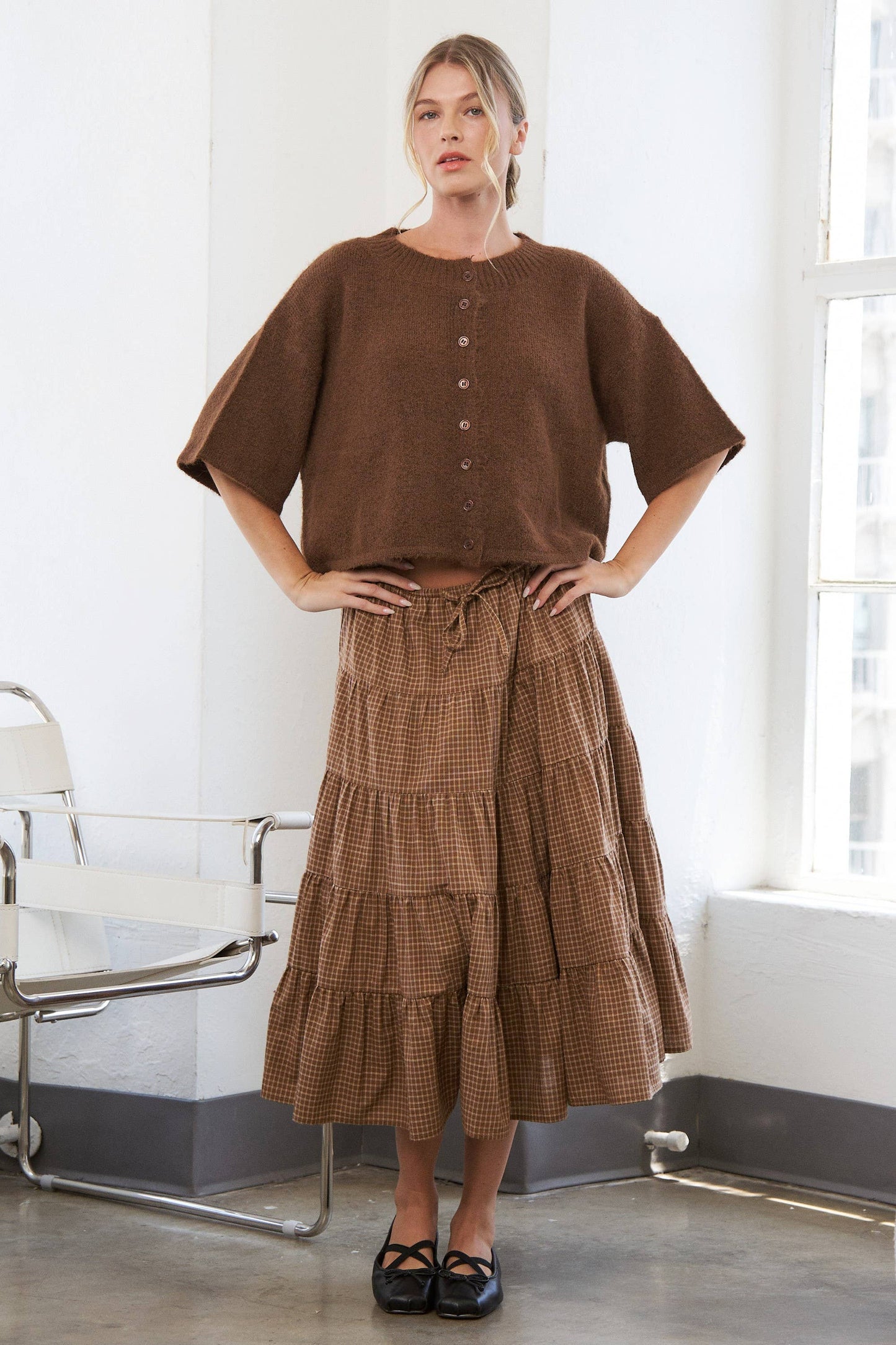 Caramel Gingham Elastic Waistband Skirt