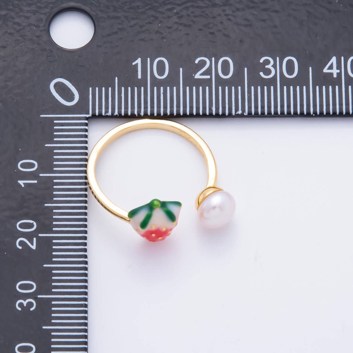 18K Gold Filled Red Enamel Strawberry Fruit with Shell Pearl Adjustable Ring | O-040
