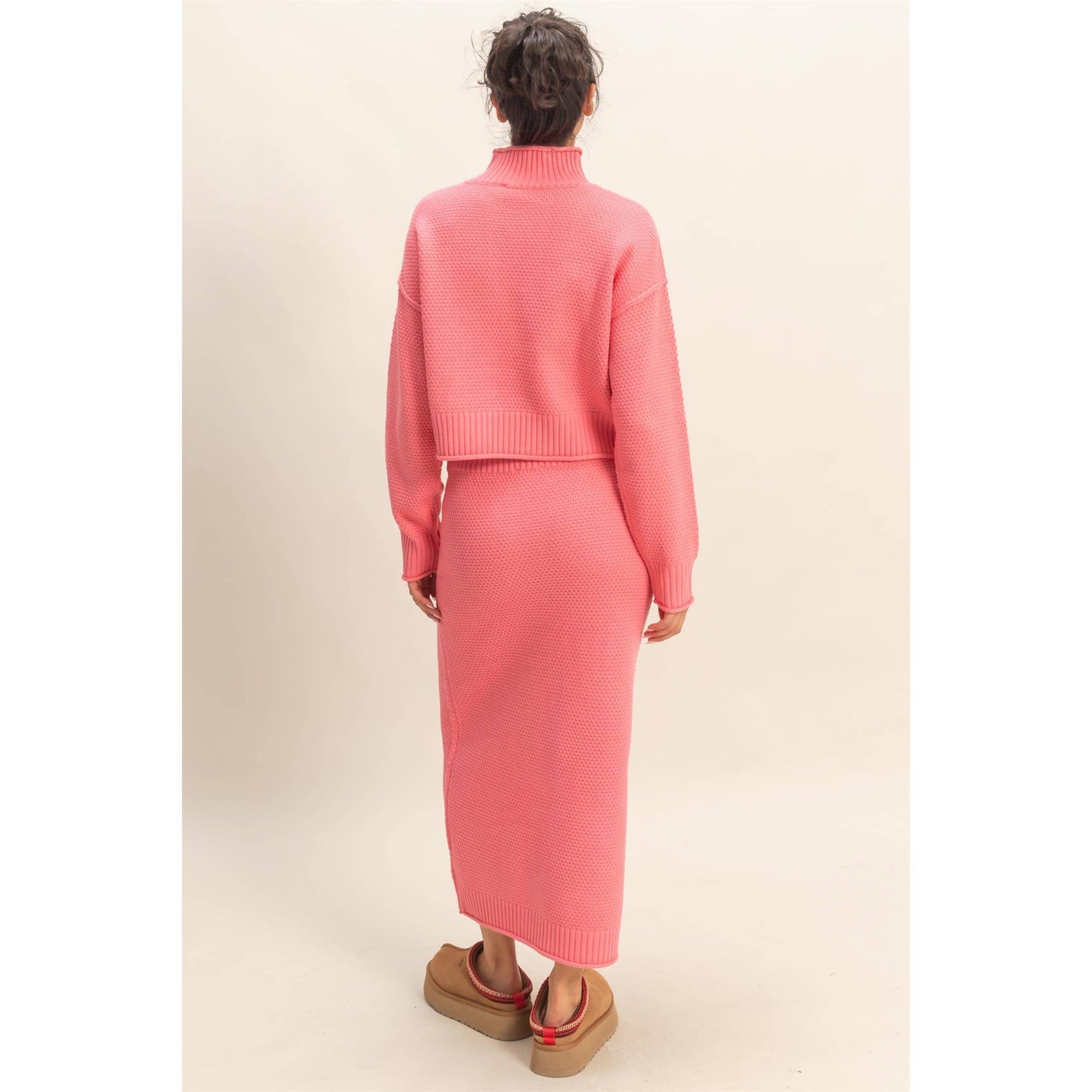 Textured High Neck Sweater & Skirt Set
