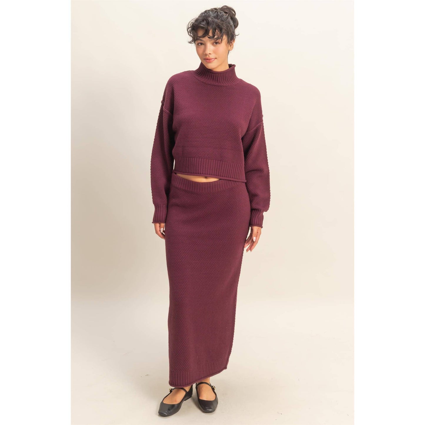 Textured High Neck Sweater & Skirt Set