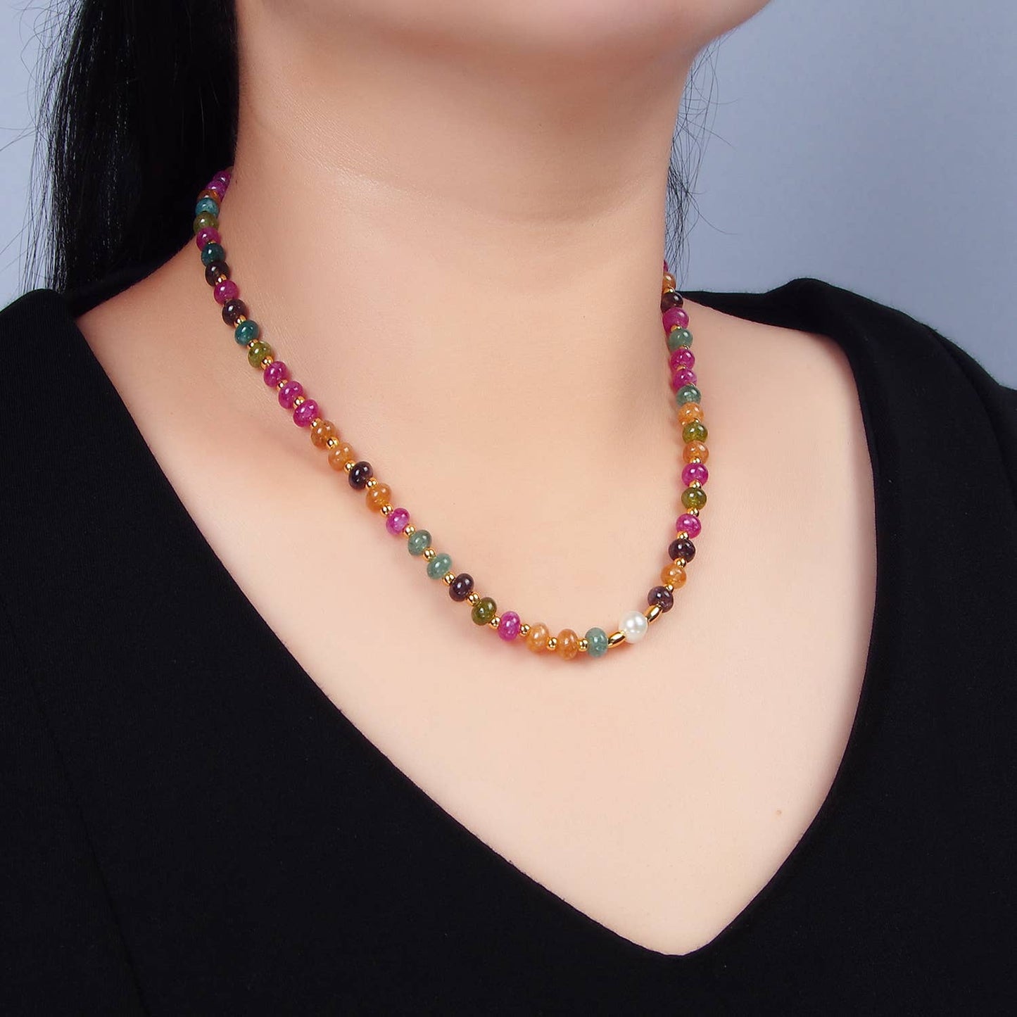 24K Gold Filled Agate Shell Pearl Beaded Necklace | WA-2644