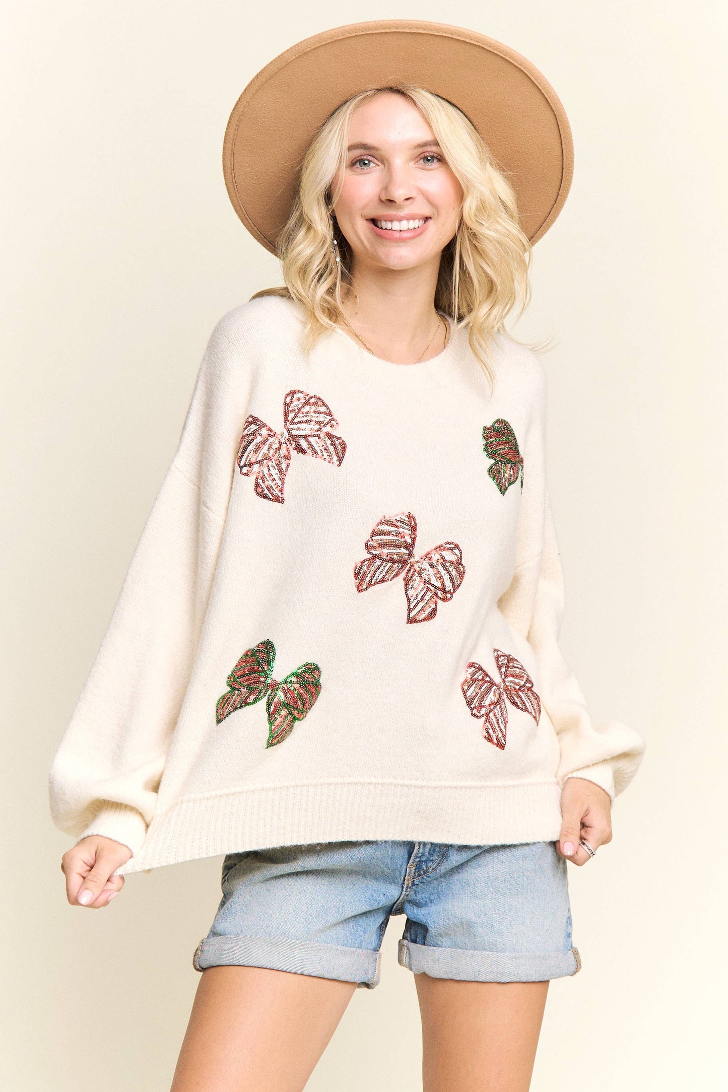 LESW4070-CREW NECK KNIT SWEATER BOW EMBROIDERY