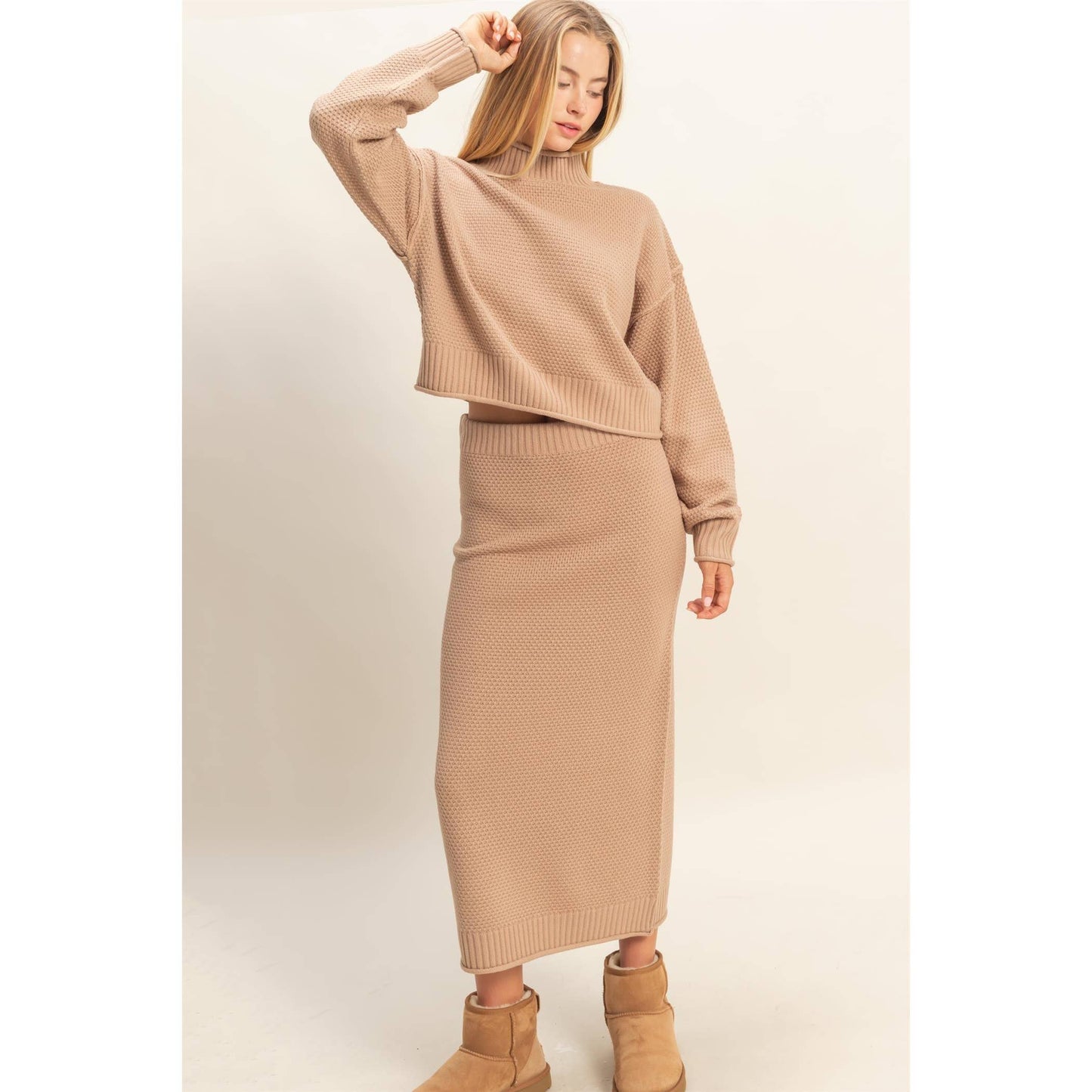 Textured High Neck Sweater & Skirt Set