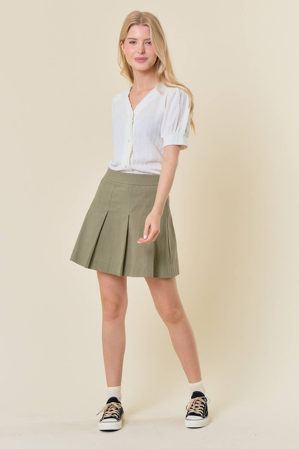 PLEATED COTTON A-LINE MINI SKIRT W/ SIDE ZIP UP - 6500S