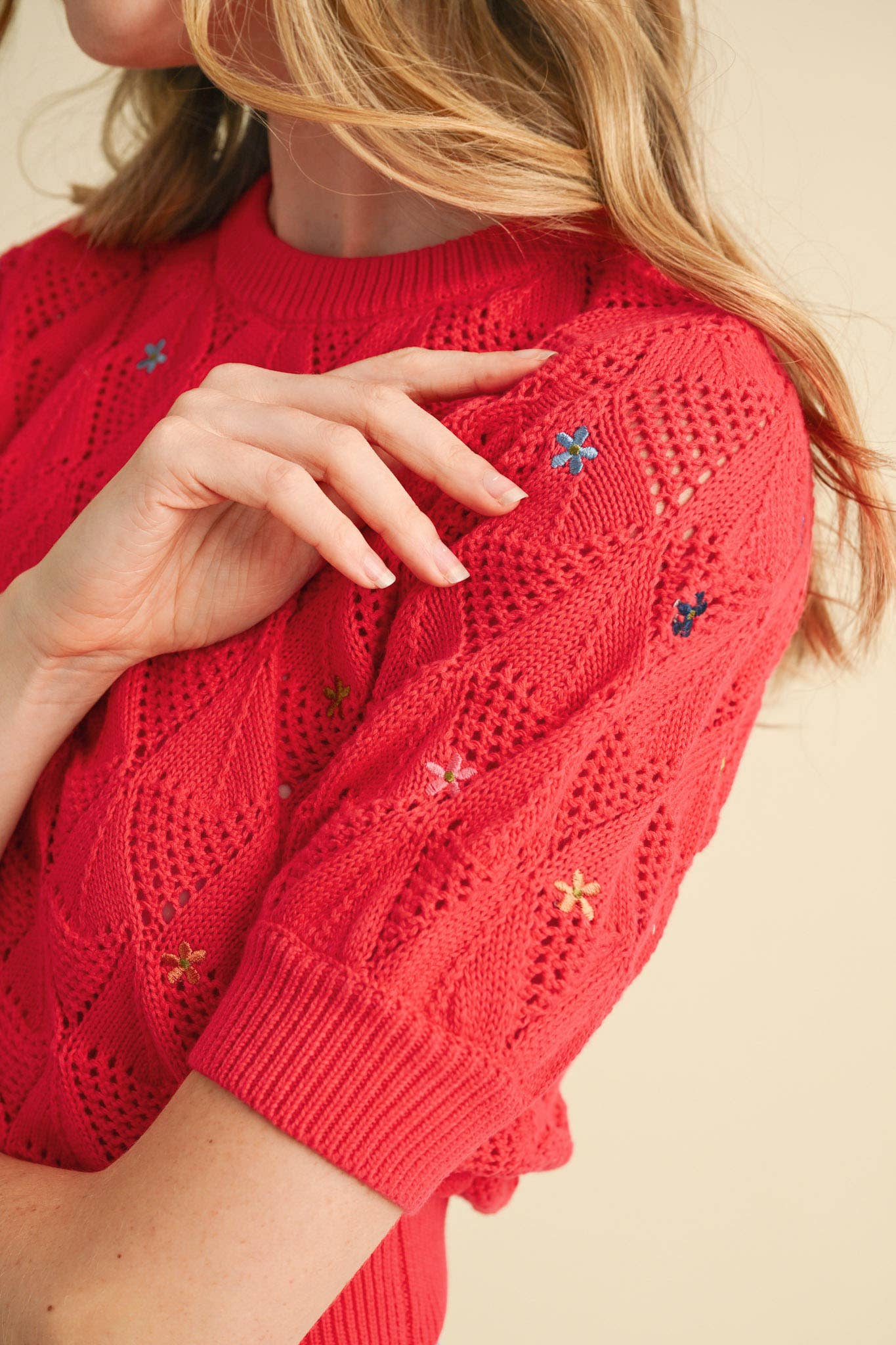 POINTELLE KNIT SWEATER WITH FLORAL EMBROIDERY MSW10819