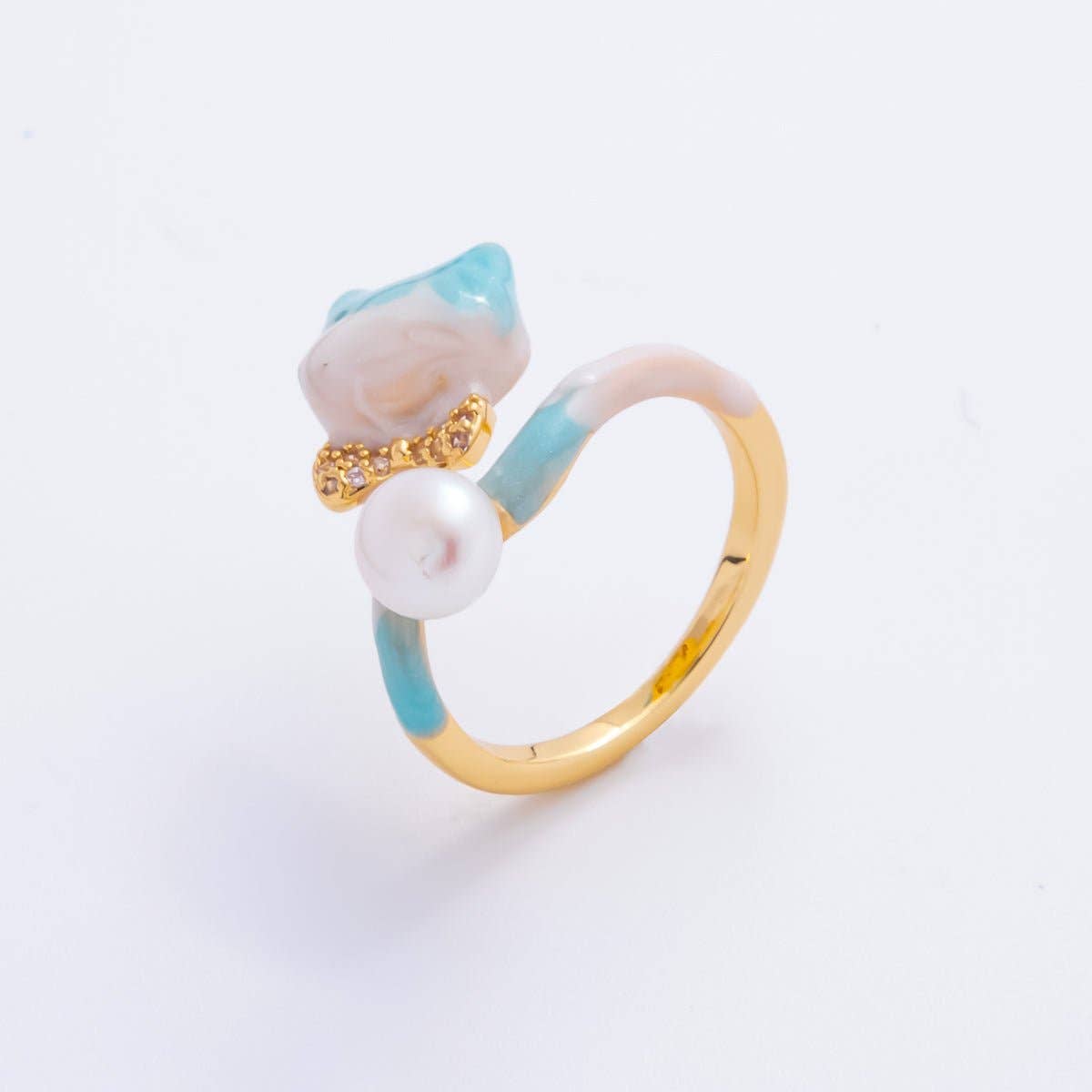 18K Gold Filled Micro Paved CZ Blue Enamel Art Cat-Shaped with Shell Pearl Adjustable Ring | O-024