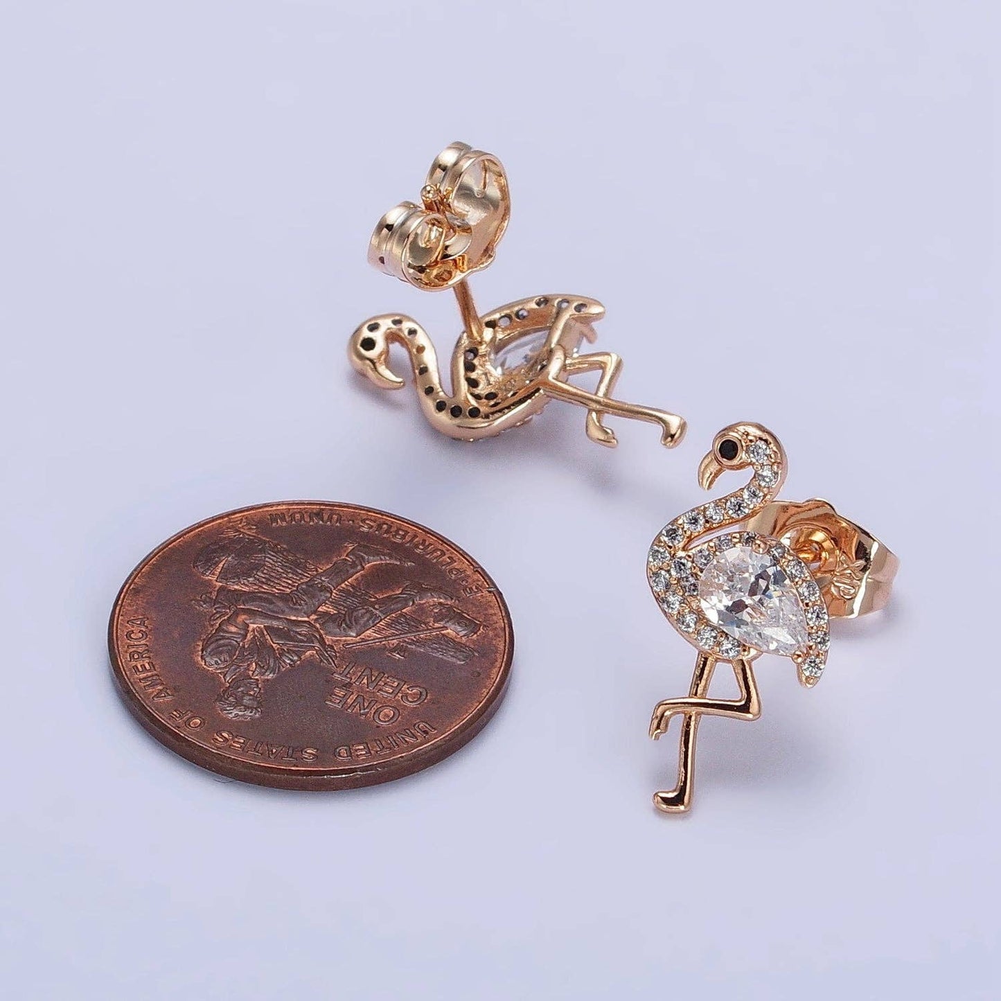 18K Gold Filled Flamingo Bird Micro Paved CZ Teardrop Stud Earrings | AB289