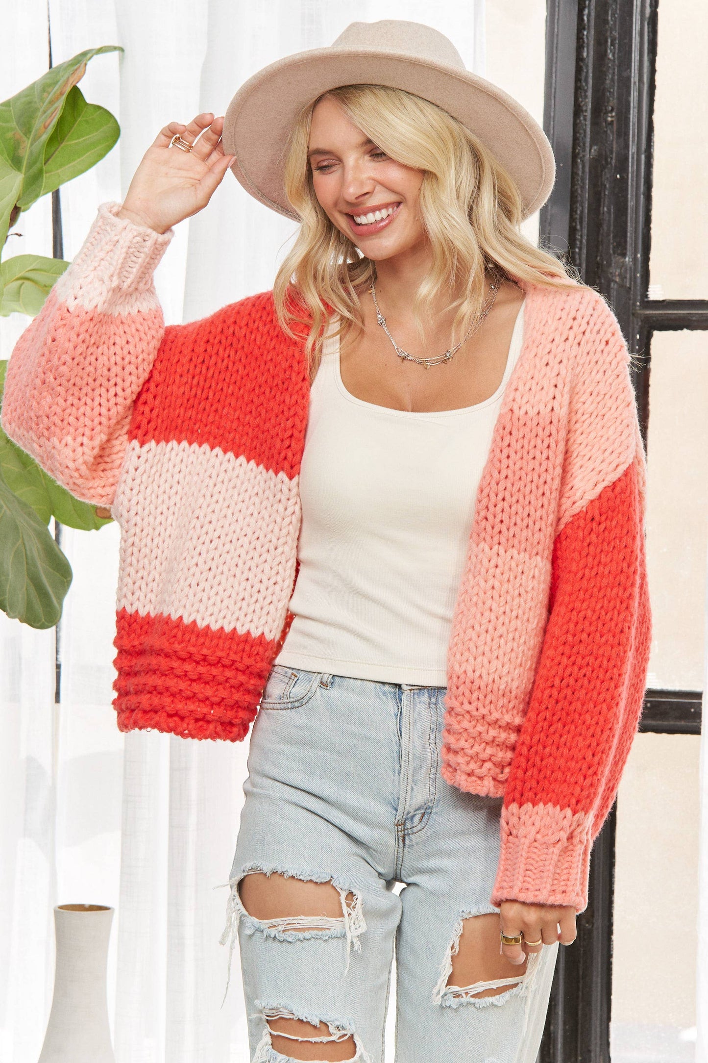 LESW3935-CHUNKY COLORBLOCK KNIT CARDIGAN