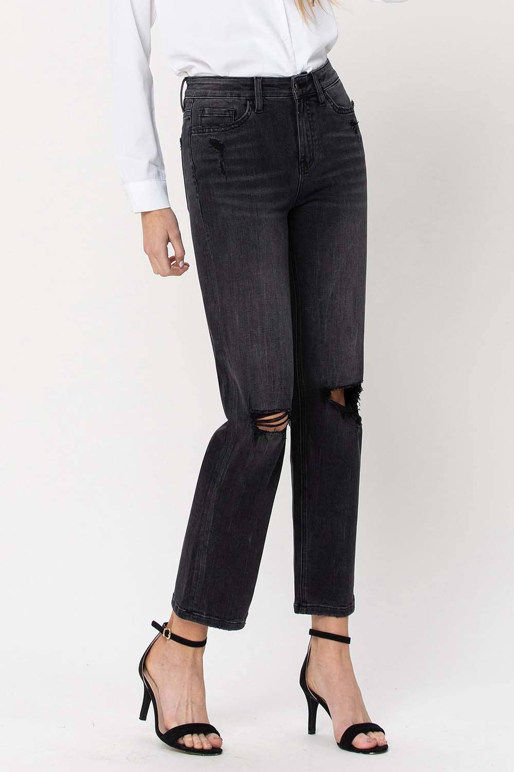 HIGH RISE DISTRESSED CROP STRAIGHT JEANS F4293