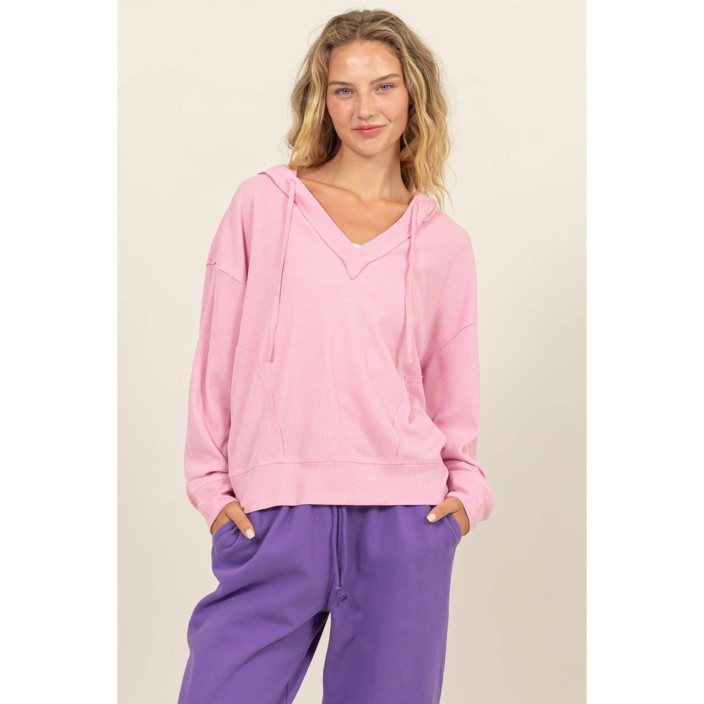 Relaxed Fit Notch Neck Ribbed Hoodie