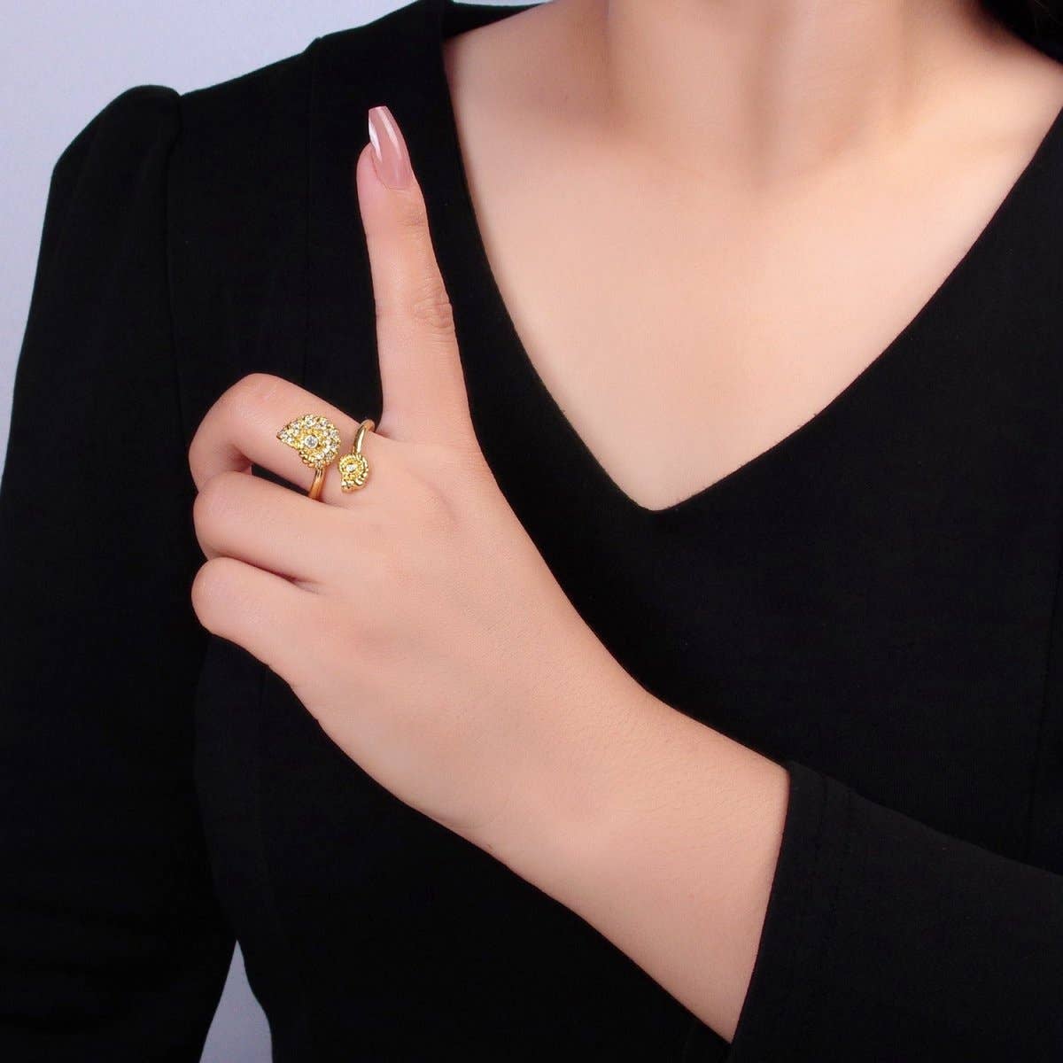 24K Gold Filled Micro Paved CZ Clam Shell Pearl Wrap Ring | U423