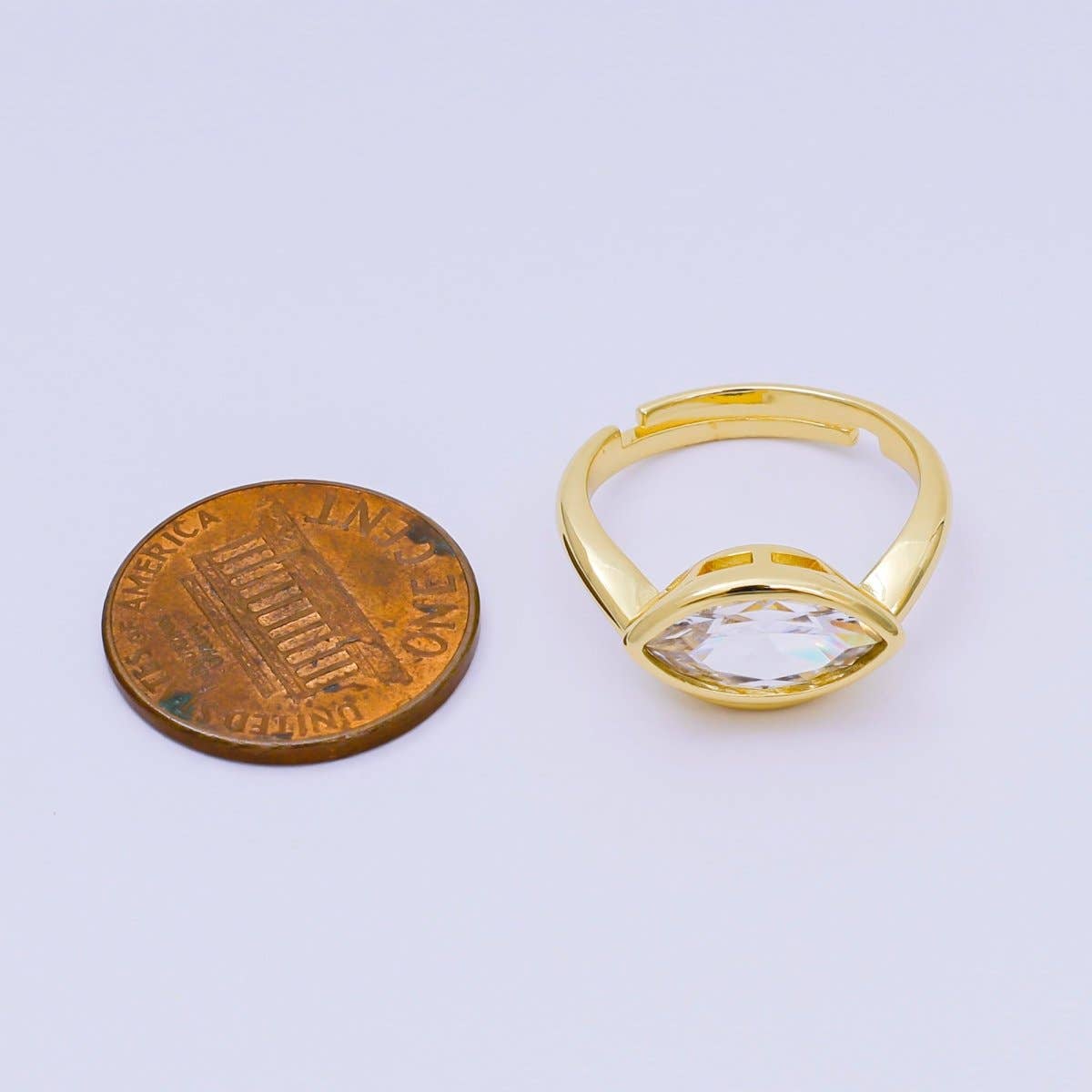 24K Gold Filled Clear Marquise CZ Eye-Like Solitaire Adjustable Ring | O1456