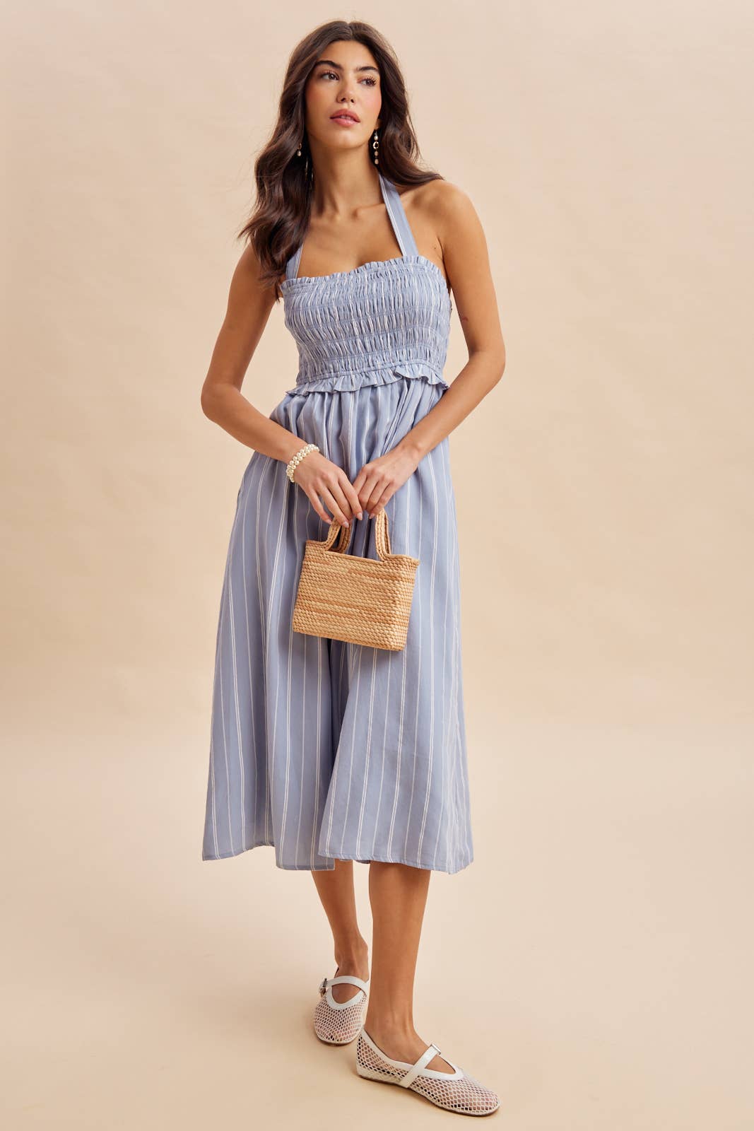 SMOCKED HALTER MIDI DRESS