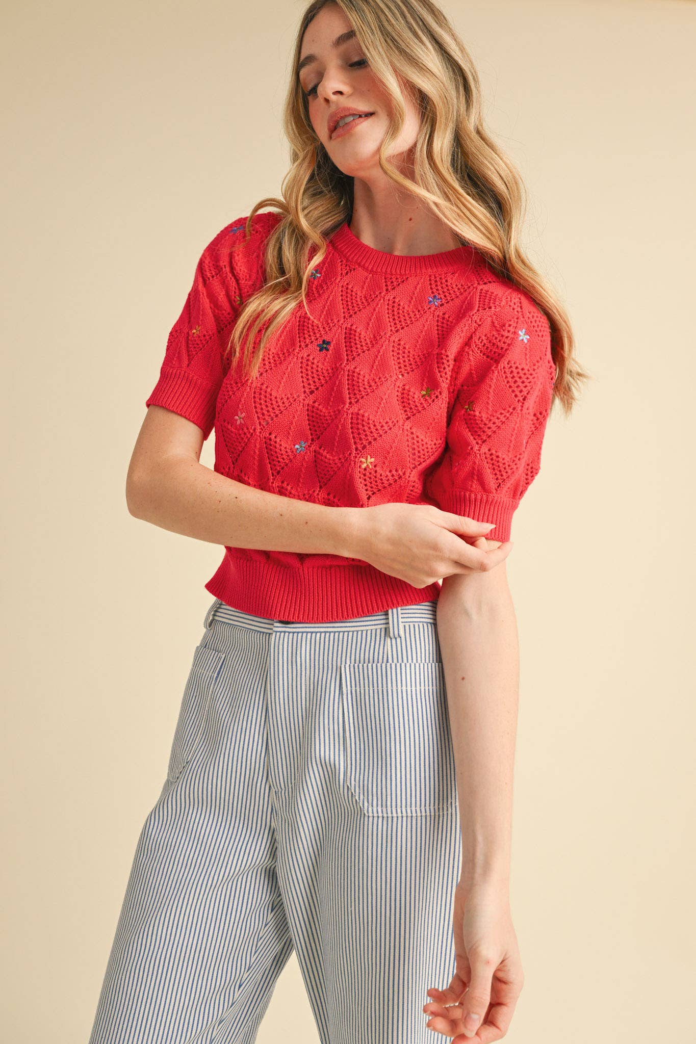 POINTELLE KNIT SWEATER WITH FLORAL EMBROIDERY MSW10819