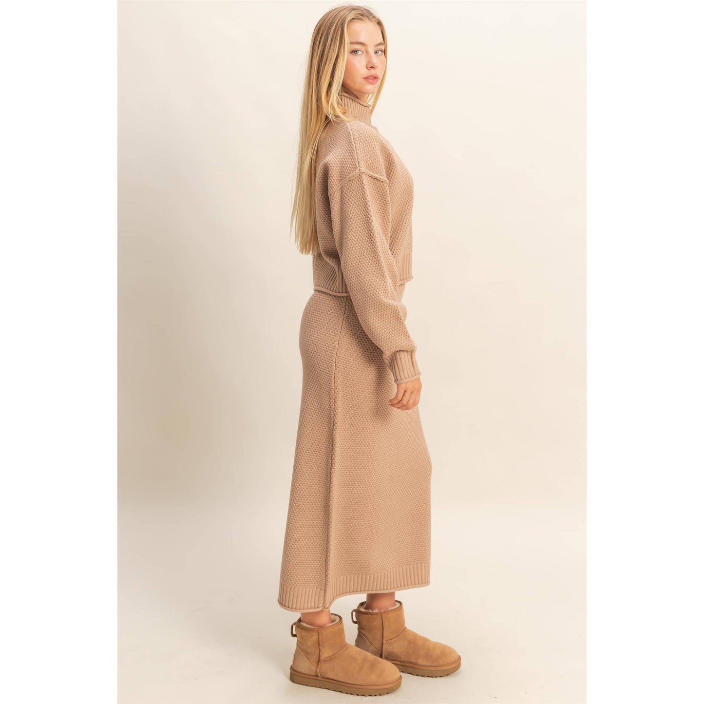 Textured High Neck Sweater & Skirt Set