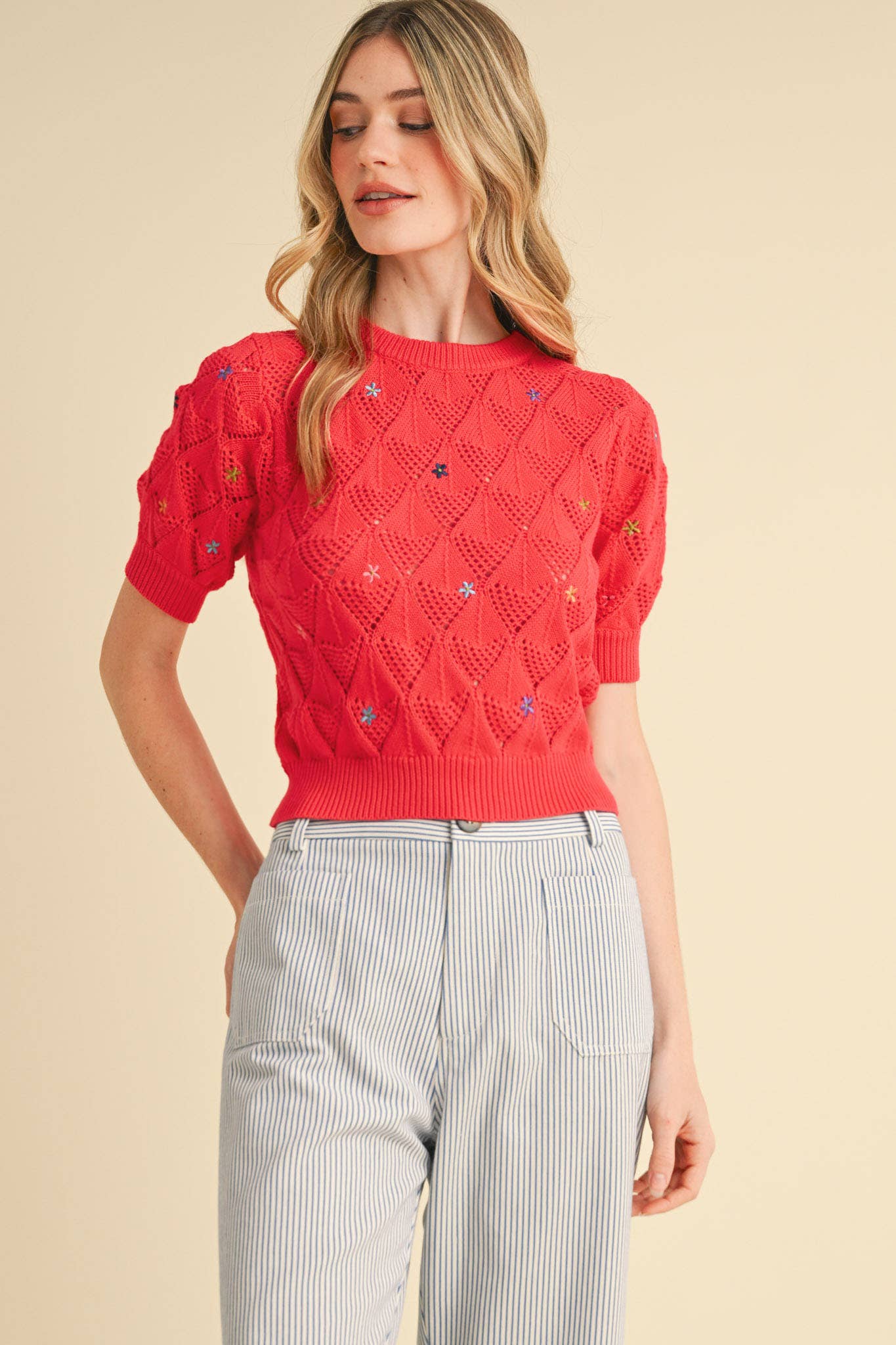 POINTELLE KNIT SWEATER WITH FLORAL EMBROIDERY MSW10819