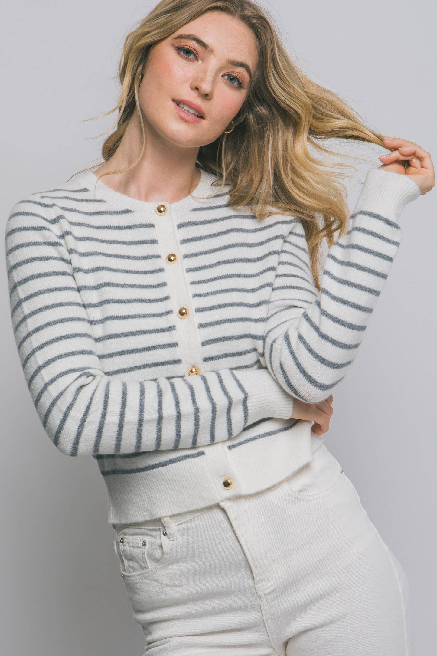 ,.0812 Striped Crew Neck Gold Button Cardigan SI-28593