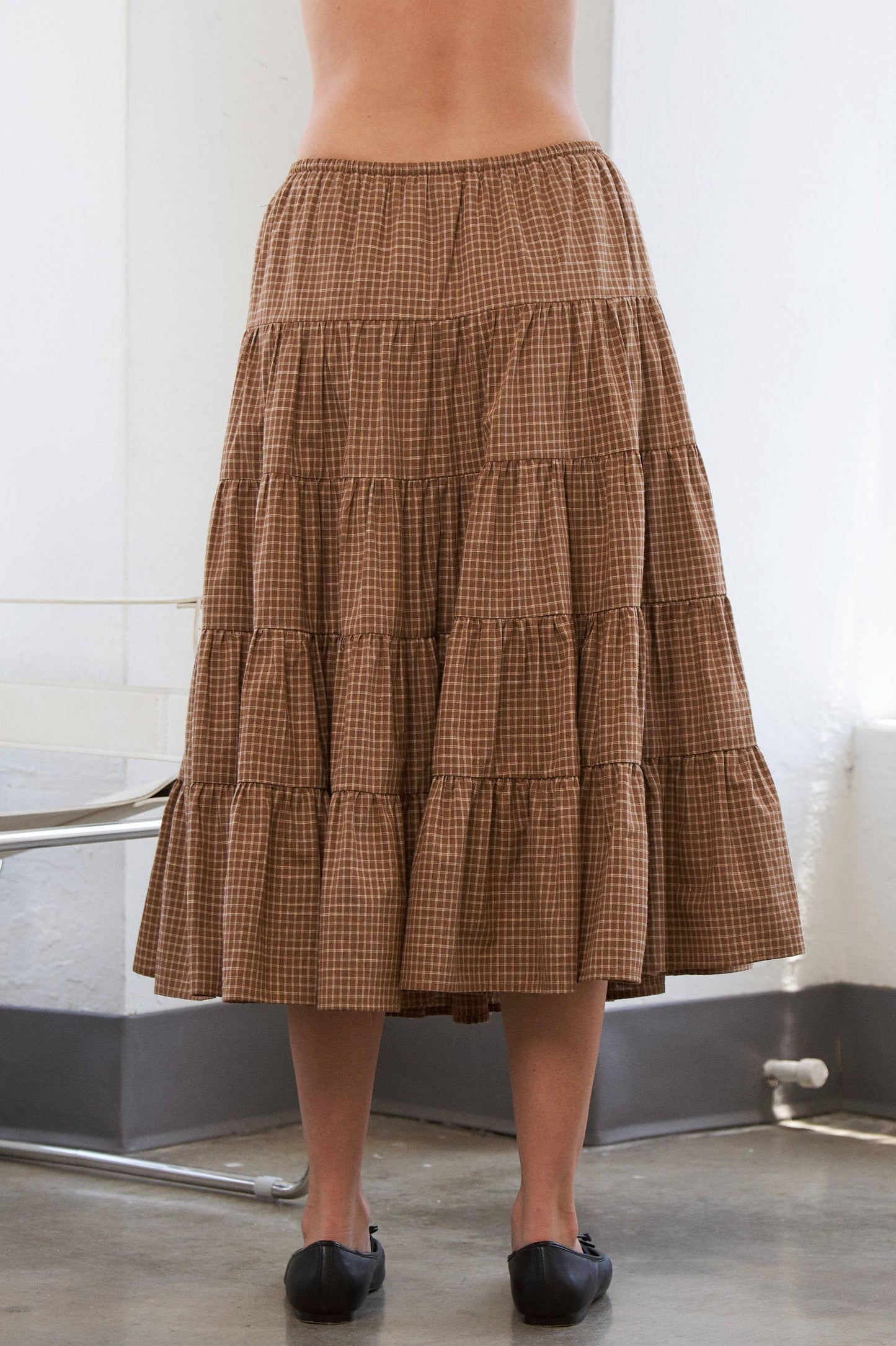 Caramel Gingham Elastic Waistband Skirt