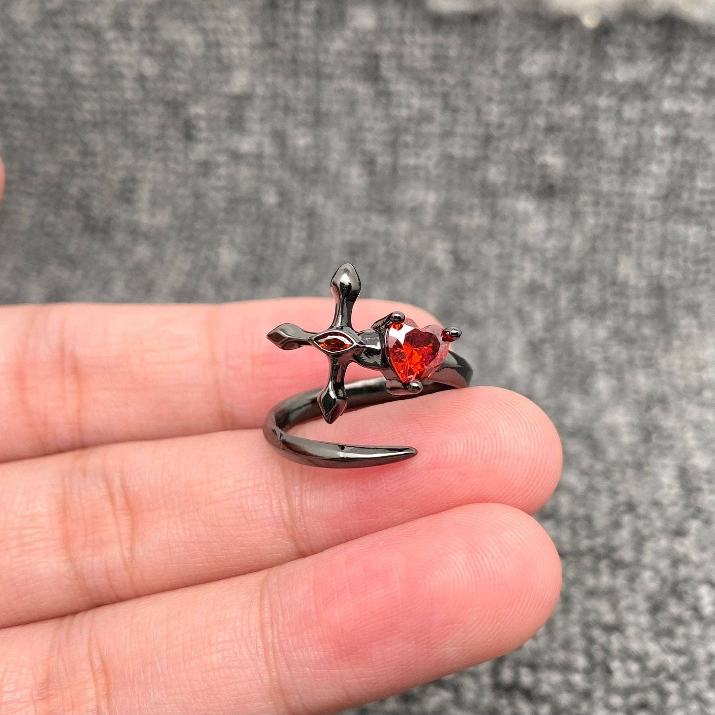 Gothic Inlay Heart CZ Cross Adjustable Black Ring - GT