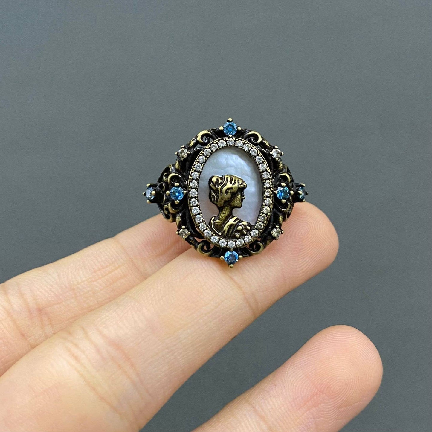 Vintage Rhinestone Baroque Goddess Bronze Adjustable Ring