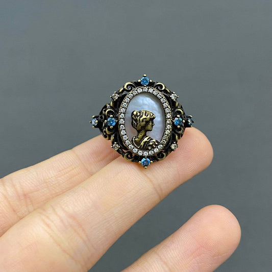 Vintage Rhinestone Baroque Goddess Bronze Adjustable Ring