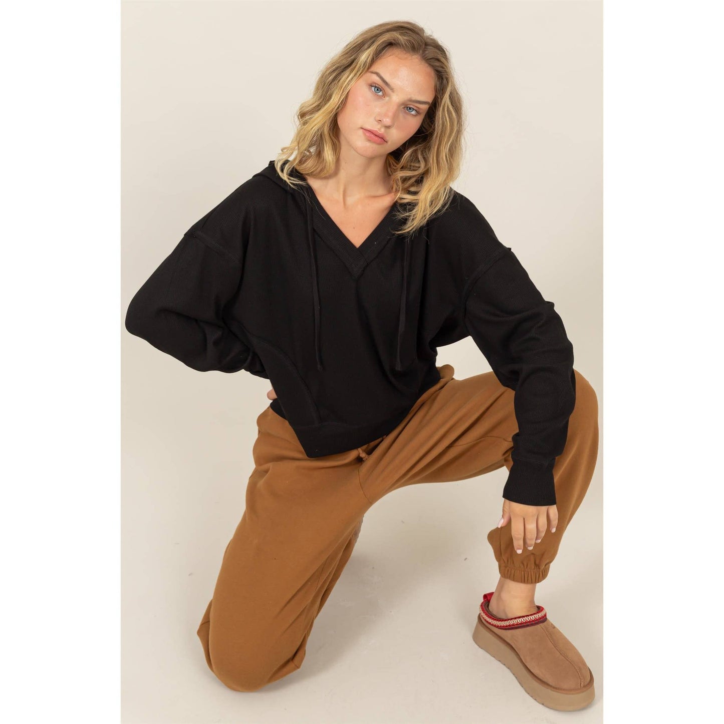 Relaxed Fit Notch Neck Ribbed Hoodie